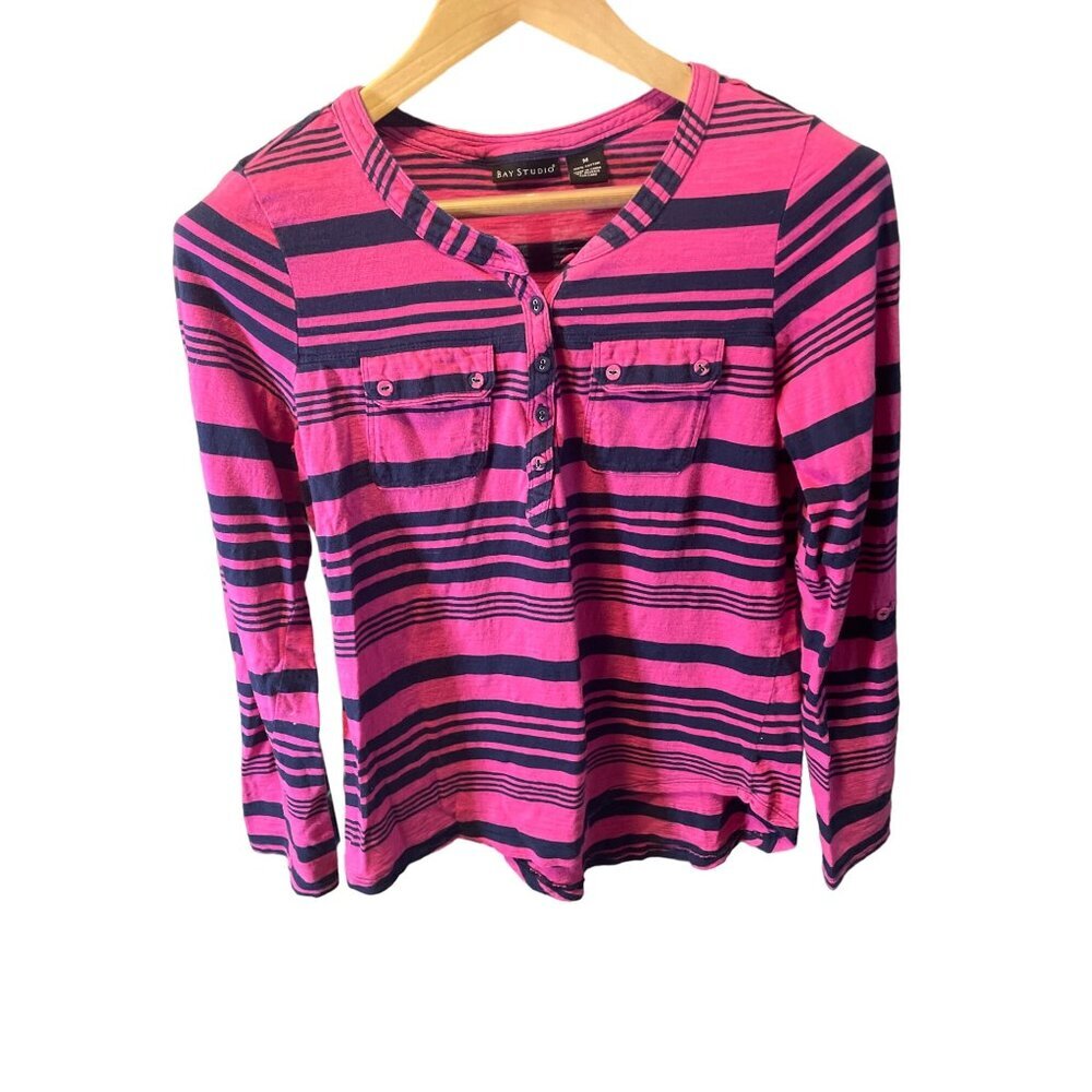 Bay Studio Pink Black Striped Split Neck Roll Tab Sleeve Henley Top SZ M